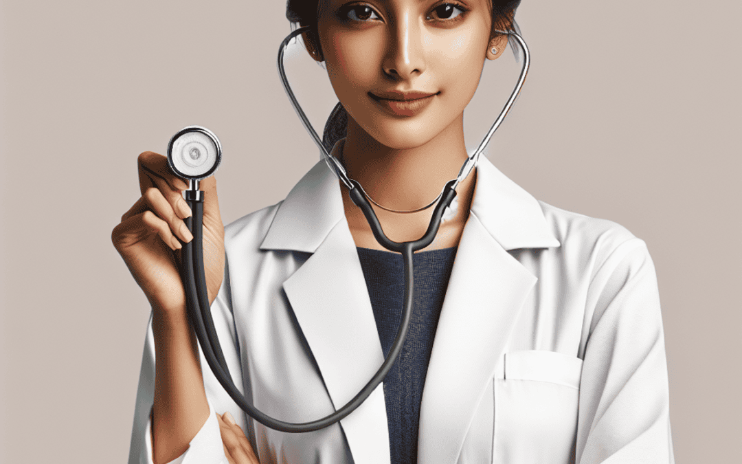 A female South Asian doctor wearing a white coat and stethoscope, smiling with confidence and compassion.