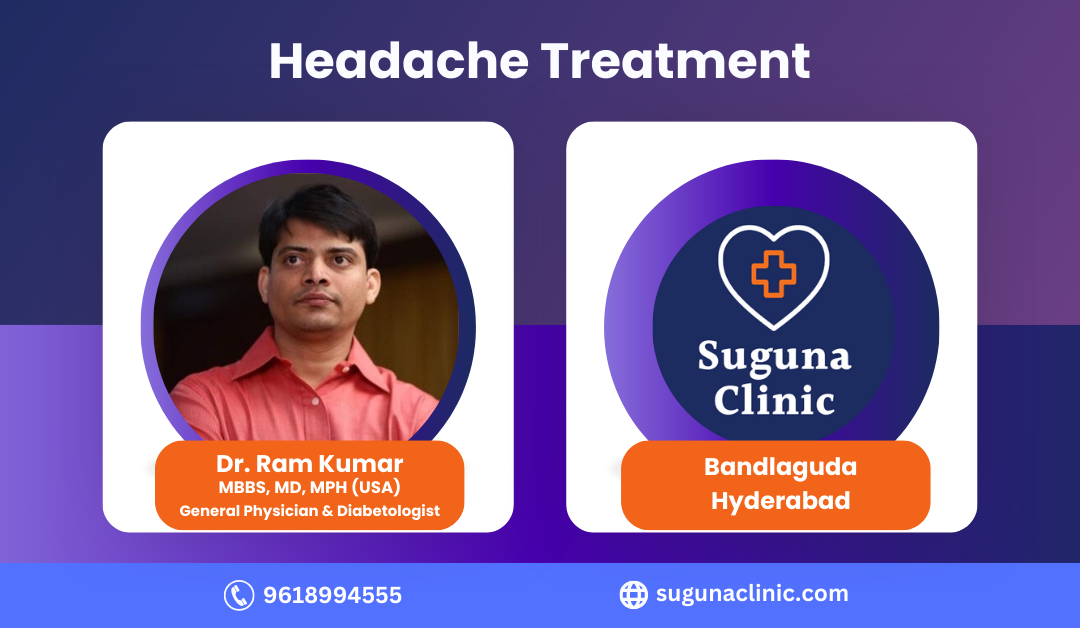 Headache treatment ad featuring Dr. Ram Kumar, Suguna Clinic, Bandlaguda, Hyderabad. Contact: 9618994555, sugunaclinic.com.