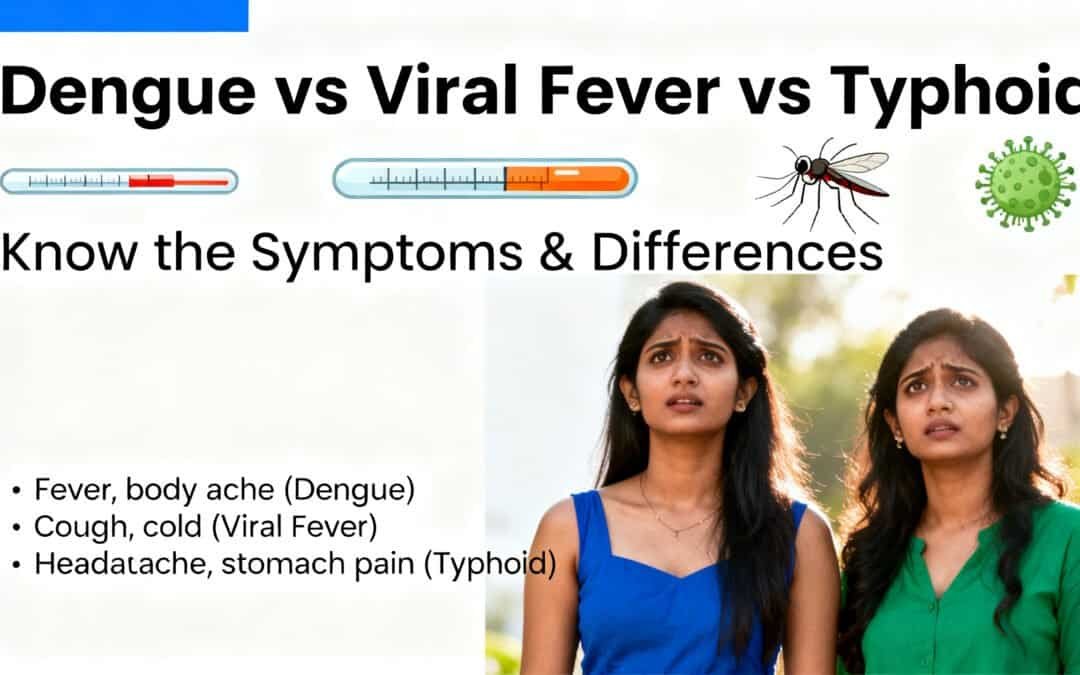 Comparison of symptoms for Dengue, Viral Fever, and Typhoid with images of affected women.