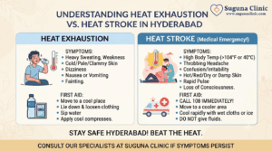 Comparison of heat exhaustion and heat stroke symptoms and first aid in Hyderabad.