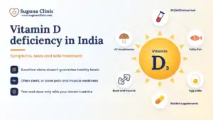 Illustration of vitamin D sources and deficiency symptoms in India