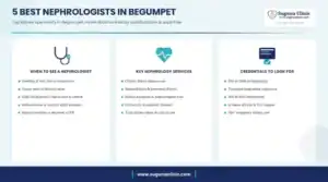 Infographic: 5 best nephrologists in Begumpet, Hyderabad - when to see a nephrologist, key services and credentials to look for